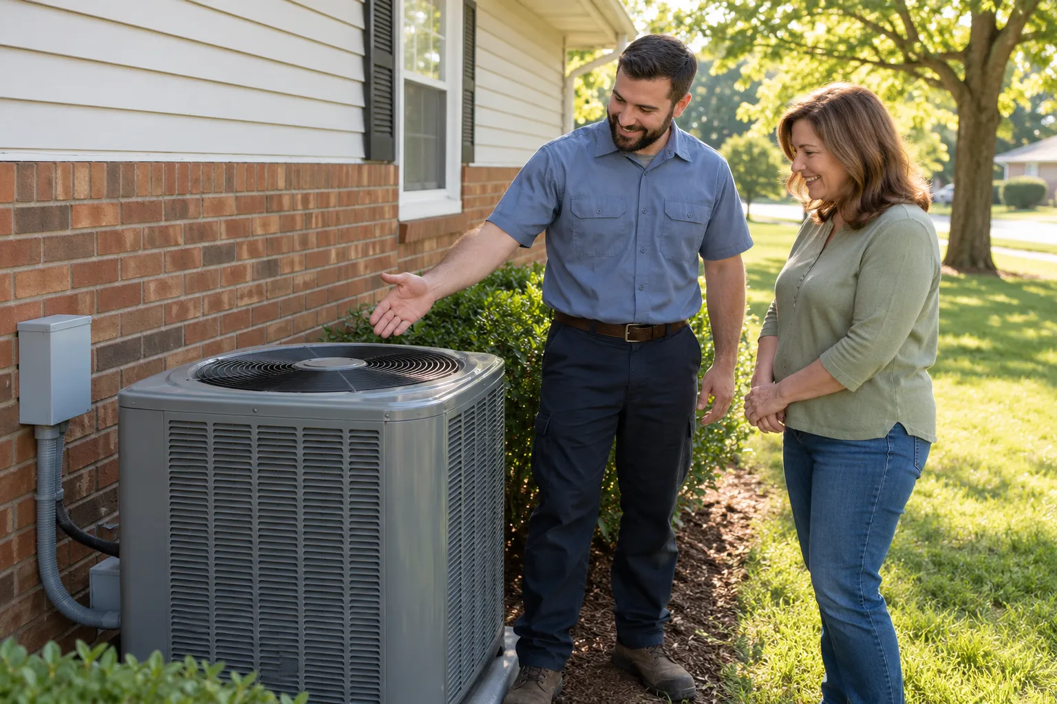 A friendly local provider and a homeowner reviewing a new outdoor AC unit beside a brick ranch home in New Orleans