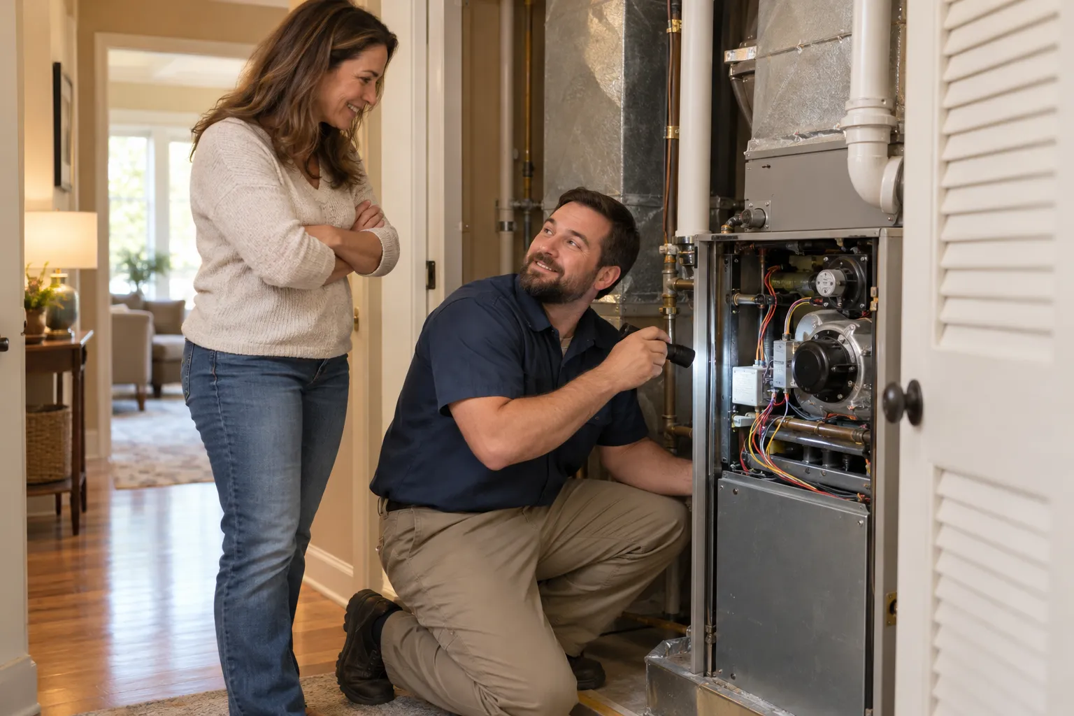 A friendly local HVAC provider checking a home furnace with a homeowner in New Orleans