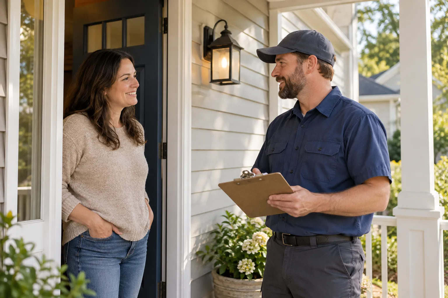 A homeowner talking calmly with a local provider at the front door in the New Orleans area